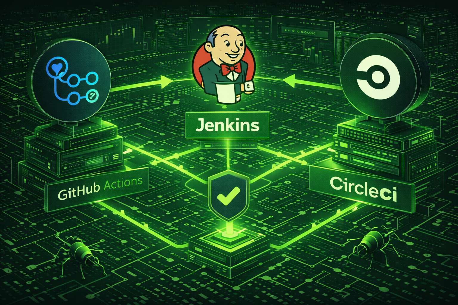 CI/CD comparison graphic showing GitHub Actions, Jenkins, and CircleCI