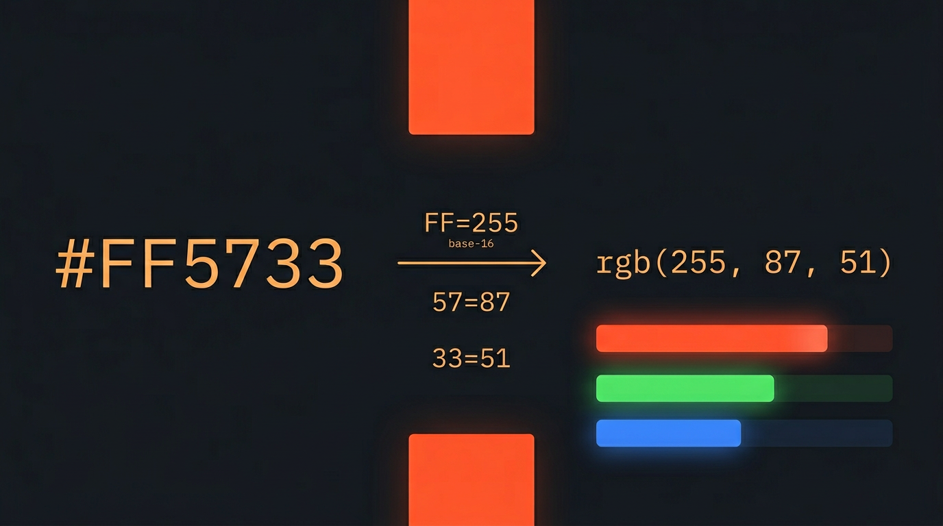 Hex to RGB color conversion diagram showing #FF5733 converting to rgb(255, 87, 51) with channel bars